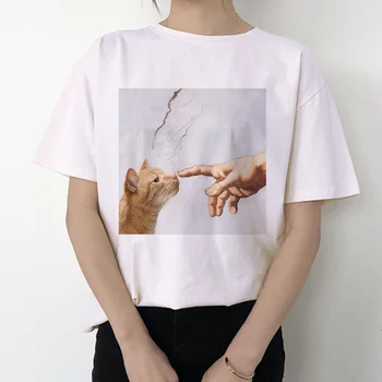 Katė juokinga moterų marškinėliai 2019 m. Mikelandželas korėjos kawaii ulzzang marškinėlius moterų Grafinis Trumpas Rankovės print t-shirt O-kaklo mados