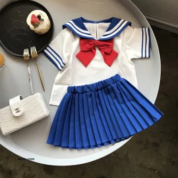 Merginos Ins Vasaros Short-sleeve-Dviejų dalių kostiumėlį Mažoms ir Vidutinėms Vaikų Kolegija Vėjo Klostuotas Sijonas Sailor Moon Kostiumas
