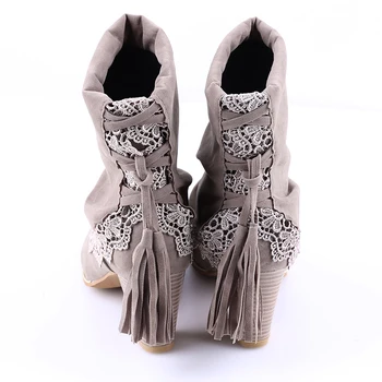 Žieminiai batai moterims, Trumpi Batai Iškelta Oda, Suapvalinti Tne Batai Sexy Nėrinių Ponios 7cm Aukšti Kulniukai Kutas Batai batai