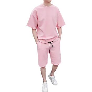 Vyrai Tracksuit Nustato Prekės ženklo Dviejų dalių kostiumas tracksuit 2019 metų Vyras Atsitiktinis Tshirts Treniruotės Treniruoklių Komplektai jogger kostiumai vyrams rožinės spalvos trumpas