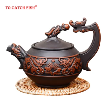 Tradicinis kinų arbatinukas Shuanglongxizhu, rankų darbo Zisha arbatinukas 350ml raudono molio senovinių keramikos arbatinukas mišrios spalvos virdulys