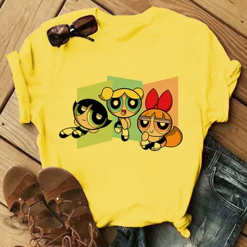 2020 Powerpuff Girls geltona atspausdintas T-shirt Kawaii Moterų Harajuku Animacinių filmų Topai Vasaros mados mielas Tee moterims marškinėliai Drabužių