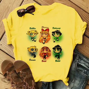 2020 Powerpuff Girls geltona atspausdintas T-shirt Kawaii Moterų Harajuku Animacinių filmų Topai Vasaros mados mielas Tee moterims marškinėliai Drabužių