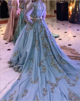 Mėlyna Maroko Vakaro Suknelės V Kaklo Appliques Mamos Suknelė Arabų Musulmonų Arabija Ypatinga Proga Suknelės Dubajus Šalies Chalatai