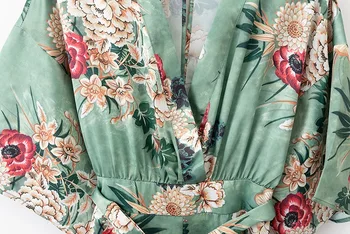 2019 Etninės Gėlių Spausdinti su varčias Kimono Jumpsuit Vasarą Moterys trumpomis Rankovėmis Tvarstis Visas Ilgis Kelnes Romper darbo drabužiai