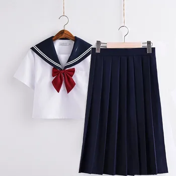 Naujas Atvykimo Sailor kostiumas Mokyklos vienodus rinkinius JK mokyklines uniformas mergaitėms Balti marškiniai ir tamsiai mėlynos spalvos sijonas tinka Studentų Cosplay