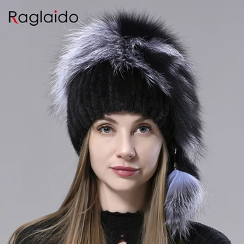 Gamtos purus skrybėlės stilingas žiemos moterų megztos audinės kailio kepurė su purus kamuolys fox fur earflap skrybėlę stilingas moterų bombonešis kailio kepurę