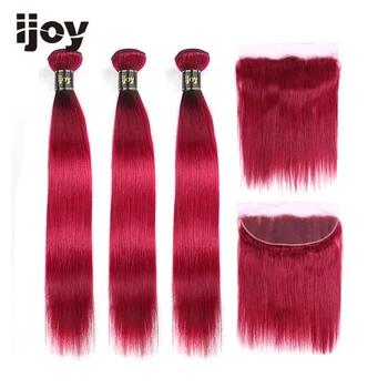 Žmogaus Plaukų Ryšulius Su 4×13 Nėrinių Priekinės Tiesiai Plaukų Spalvos Bordo Raudona Brazilijos Plaukų Black Moterys Ne Remy IJOY