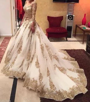 2021 Prabangus Dviejų Dalių Indijos Vestuvių Suknelės, Balto Aukso Aplikacijos Giliai V-Kaklo, Ilgomis Rankovėmis, Vestuvinės Suknelės Užsakymą Vestido De Novia