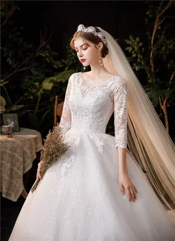 2021 Naujas Prabangus Ilgai Nėrinių Suknelės Aplikacijos Su Rankovėmis Royal Traukinio princesė Vestuvių Suknelė Siuvinėjimo Nuotakos Suknelė Plius Dydis Novia