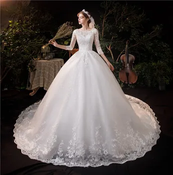 2021 Naujas Prabangus Ilgai Nėrinių Suknelės Aplikacijos Su Rankovėmis Royal Traukinio princesė Vestuvių Suknelė Siuvinėjimo Nuotakos Suknelė Plius Dydis Novia