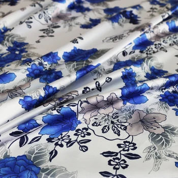 Kinijos vintage blue baltos gėlės satino suknelė audinys tecido