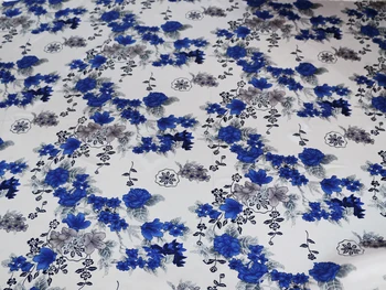 Kinijos vintage blue baltos gėlės satino suknelė audinys tecido
