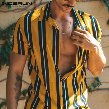 INCERUN 2021 Vyrų Atsitiktinis Dryžuotas Marškinėliai trumpomis Rankovėmis Pasukite Žemyn Apykaklės Streetwear Laisvalaikio Havajų Marškinėliai Mados Vasaros Camisas