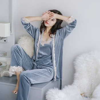 Pavasario 3 trijų dalių Komplektas Seksualus Chalatas Moterims 2021 nėrinių Flanelė Pižama Nustatyti Pižamą Nustatyti Sleepwear Pižama Feminino Pyjama kostiumai