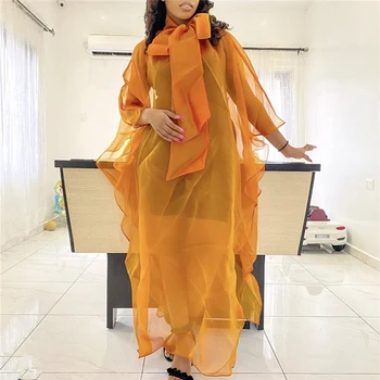 2020 Naujas Peteliškę Seksualus Permatomas Suknelė Negabaritinių Oranžinės Spalvos Organza Akių Matyti Per Vestidos Afrikos Moterys Šalis Atsitiktinis Ilga Suknelė