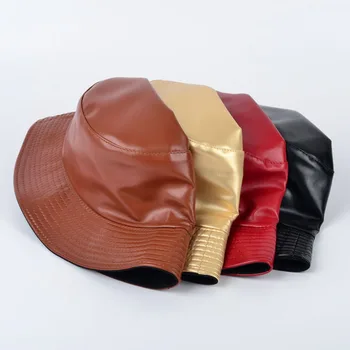 Kibiras Skrybėlės Dirbtiniais Odos Kibiro Kepurę Dvipusis Skrybėlę PU&MEDVILNĖS Kietas Viršuje Ponios Mados Kibirą Kepurė Panama Žvejo Kepurė