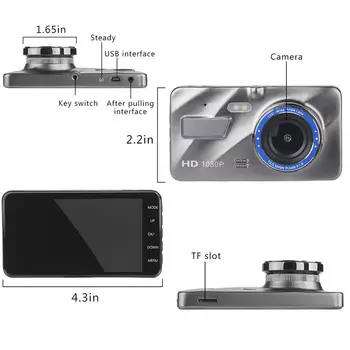 Automobilių DVR Kamera HD 4 Colių Dual Objektyvas 1080P Vaizdo Paslėptas Plataus Kampo Vairavimo Diktofonas Brūkšnys Cam Dvigubo Objektyvo Paramos Atbulinės eigos Dual Cam