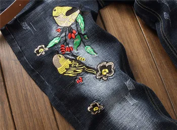 Naujas Vyrų Hip-hop Paukščių siuvinėjimo juoda Slim fit Džinsai kelnės mados Streetwear Mens Atsitiktinis Medvilnės Poilsiu džinsinio audinio Kelnės