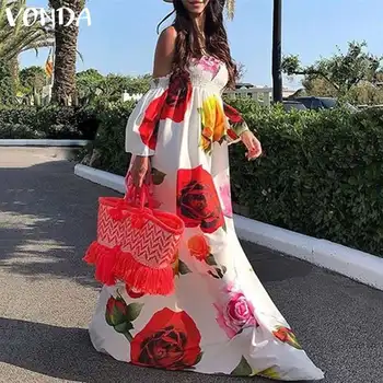 VONDA Bohemijos Suknelė Moterims 2021 M. Vasaros Beach Sexy nuo Peties Gėlių Spausdinti Maxi Ilgio Suknelės Atostogų Plus Size Vestidos 5XL