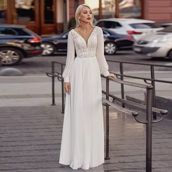 Elegantiškas V-kaklo-line Vestuvių Suknelės 2021 Appliques Aukštos Kokybės Šifono ilgomis Rankovėmis Nuotakos Suknelė Vestido de Novia