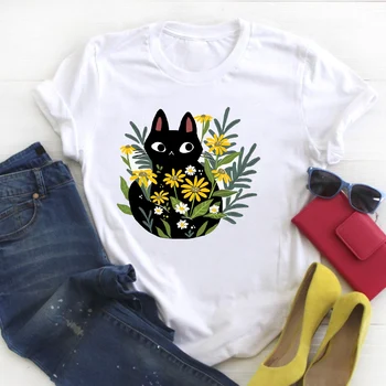 Moteris Katė Pet Animacinių filmų Kawaii Paprastas Stilius Spausdinti Ponios Vasaros T Tee Moterų Top Marškinėliai Drabužių Marškinėlius Moterų Grafinis T-shirt