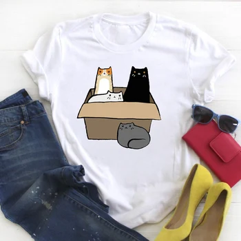 Moteris Katė Pet Animacinių filmų Kawaii Paprastas Stilius Spausdinti Ponios Vasaros T Tee Moterų Top Marškinėliai Drabužių Marškinėlius Moterų Grafinis T-shirt