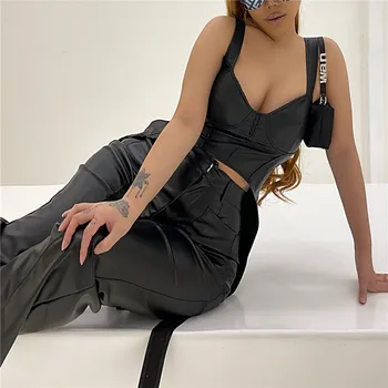 Sibybo Black PU Odos Stebėjimo tankų Moterys Vasarą Backless Seksualus Korsetas Viršuje Femme Harajuku Streetwear Basic Tee 2020 m.