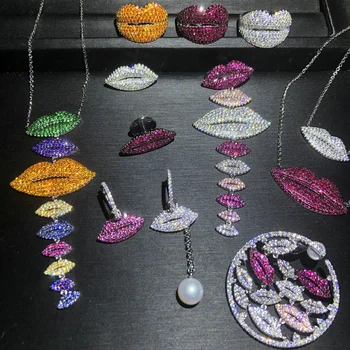 Sidabro Spalvos spalvotų asimetrinė lūpų serijos full diamond triušis auskarai, karoliai, apyrankės, mada moterims žiedas noble jewelry