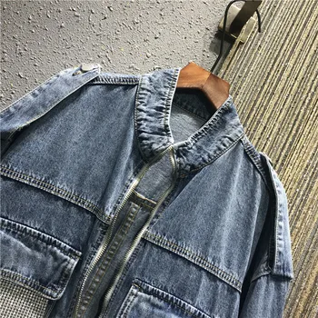 2020 m. Rudenį blizgučiais kišenėje džinsinio striukė moterims derliaus ilgomis rankovėmis pagrindiniai džinsai striukė moteriška streetwear negabaritinių džinsinis paltas