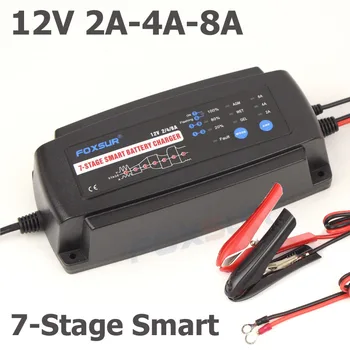 FOXSUR 12V 2A 4A, 8A 7-etapas smart Baterijos Kroviklis, ŽELĖ ŠLAPIO VAS Baterijos tipas & Įkrovimo srovė pasirinkti, Automobilio akumuliatoriaus kroviklį