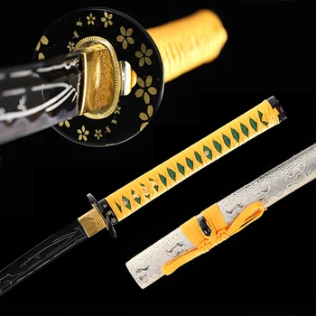 Handforged Japonijos Katana 1045 anglies Plieno Full Tang Graviruotas Bambuko-Aukso Spalvos-Dekoratyvinis Kardas-Mediniai Apvalkalas, Suvynioti Oda