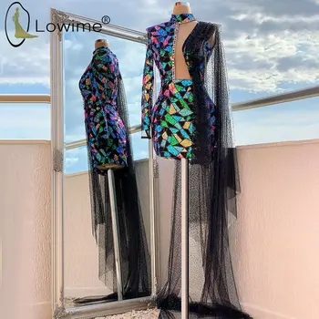 Dubajus Aukšto Kaklo China Prom Dresses Vieną Ilgomis Rankovėmis Trumpas Kokteilių Suknelės Saudo Arabija Šalies Chalatai