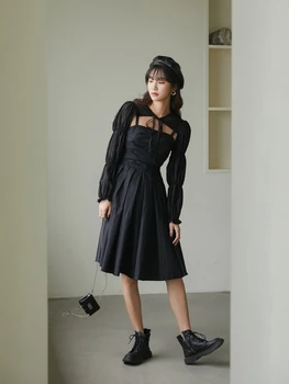 LANMREM 2021 m. rudens mados moterų drabužiai elegantiška skara stiliaus lankas plisuotos kelio ilgis streetwear aukšto juosmens juoda suknelė 2A550