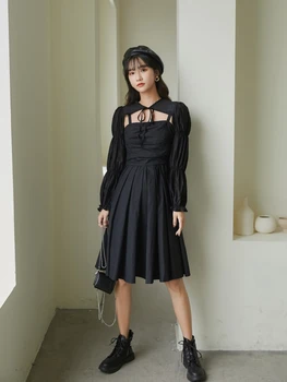 LANMREM 2021 m. rudens mados moterų drabužiai elegantiška skara stiliaus lankas plisuotos kelio ilgis streetwear aukšto juosmens juoda suknelė 2A550