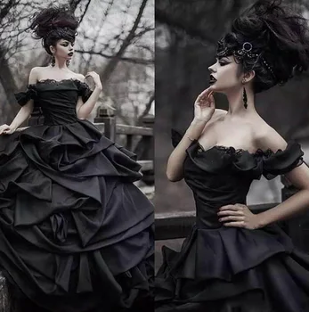 Viktorijos Black, Gothic Vestuvių Suknelės 2020 Kamuolys Suknelė Taftos Raukiniai Viduramžių Vestuvinių Suknelių Plius Dydis Nuo Peties Nuotakos