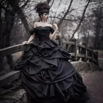 Viktorijos Black, Gothic Vestuvių Suknelės 2020 Kamuolys Suknelė Taftos Raukiniai Viduramžių Vestuvinių Suknelių Plius Dydis Nuo Peties Nuotakos