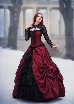 Viduramžių Juoda Ir Tamsiai Raudoni Gotikiniai Vestuvių Suknelė Plius Dydis Pynimas Šalies Vestuvių Suknelė Nėrinių Striukė Maskuotis Kostiumas Šalis Dėvėti