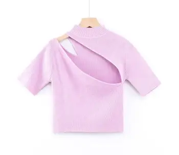 2020 Ritininės Aukšto Kaklo Briaunoti Megzti marškinėliai Candy Spalva Moterims Seksualus Trumpas Rankovės Ruožas Marškinėlius Ponios Streetwear Balta Pasėlių Viršų