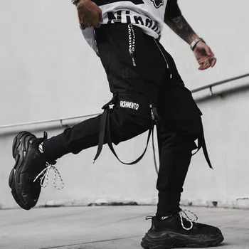 Punk Vyrų Taktinis Jogger Kelnių Sagtį Dirželis, Kišenės, Hip-Hop Streetwear Elastinga Raišteliu Juosmens Mens Smailas Krovinių Kelnės