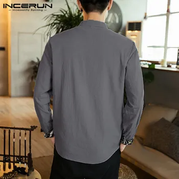 INCERUN Derliaus Vyrams Medvilnės Marškinėliai ilgomis Rankovėmis Kietas Mandarinų Apykaklės 2021 Streetwear Camisa Kinijos Tradicinės Atsitiktinis Shirt Mens