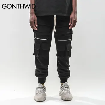 GONTHWID Hip-Hop Užtrauktukas Multi Kišenės Haremas Poilsiu Krovinių Kelnės Sweatpants Streetwear Mens Harajuku Atsitiktinis Kelnės Vyriškos Kelnės