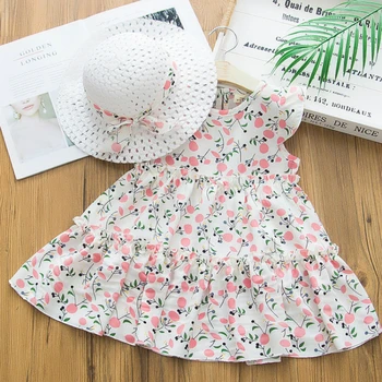2020 m. Nauja Baby Girl Vasaros Suknelė korėjos Mados 2vnt Nustatyti Saldus Gėlių Suknelė+Šiaudų Skrybėlę Žaisti Atostogų Medvilnės Vaikai Princesė Suknelė
