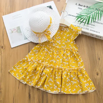 2020 m. Nauja Baby Girl Vasaros Suknelė korėjos Mados 2vnt Nustatyti Saldus Gėlių Suknelė+Šiaudų Skrybėlę Žaisti Atostogų Medvilnės Vaikai Princesė Suknelė