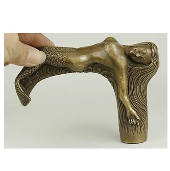 Senas, Rankų Darbo Drožyba Bronzos Undinėlės Statula Cukranendrių Galvos Lazdą