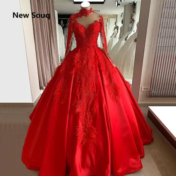 Pagal užsakymą Pagaminti Kamuolys Suknelė Raudona Vestuvių Suknelės arabų Musulmonų Vestuvių Suknelė su Aukštu Kaklu ilgomis Rankovėmis 2019 Naujos Nuotakos Suknelė