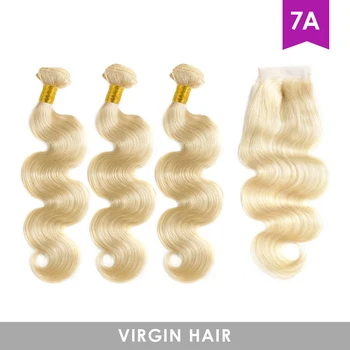 HJ Pynimo Grožio 7A Virgin Plaukai 613 Blond Kūno Banga Žmogaus Plaukų Ryšulius Su Uždarymo Brazilijos Plaukų Pynimas Ryšulių Nemokamas Pristatymas
