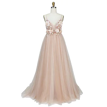 Rose Pink Prom Dresses 2020 Appliqued Gėlės Vakare Chalatai Spageti Dirželį Ilgai Seksualus Tiulio China Chalatas De Soiree Užsakymą