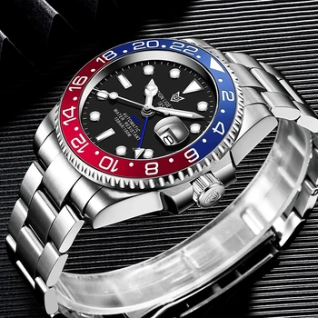 40mm LIGE DIZAINO Black Dial Safyras Mechaniniai Laikrodžiai Vyrams Keramikos Bezel GMT Prabangos Prekės Vandeniui Automatinis Vyrų Watch Laikrodis