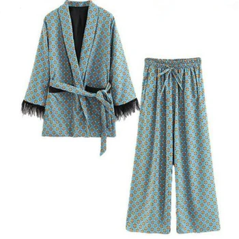 Moterų kostiumai Naują Atvykimo Mėlyna Spausdinti Kimono Švarkas su Plunksna Rankovėmis, Platus Kojos kelnės dviejų dalių Vintage Drabužiai, Kostiumai
